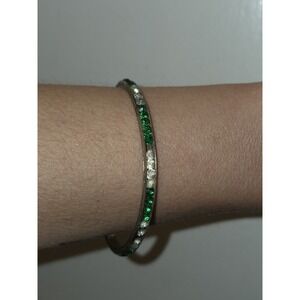 Antique Art Deco Sterling Silver Bangle Bracelet Green & Clear Stones